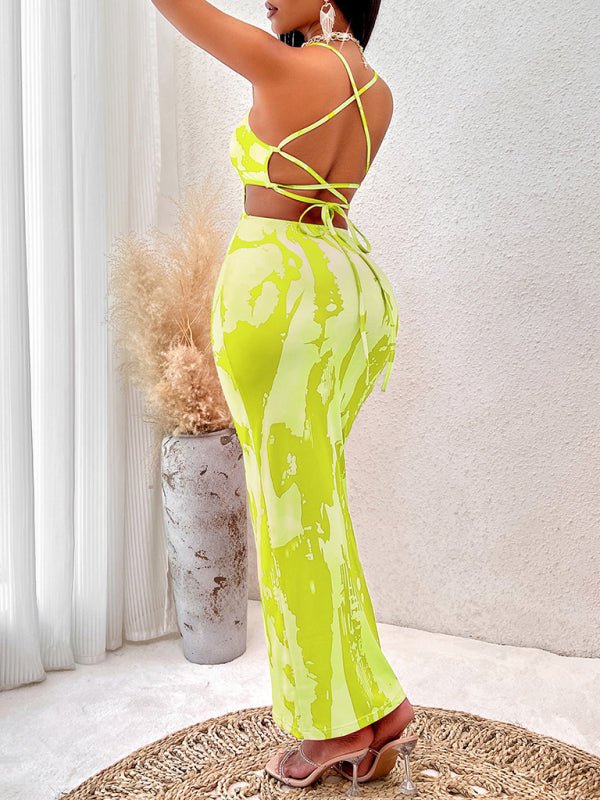 New women's sexy printed suspender - covering long dress - Casual Dress